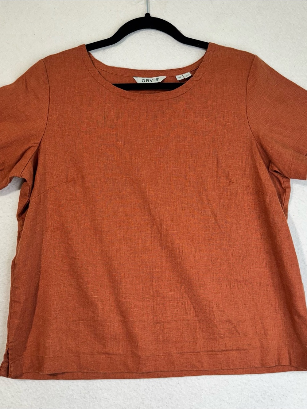 Orvis Women's Rust Orange Short Sleeve Linen Boxy Blouse Boho Minimalist Medium